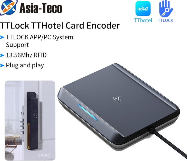 Asia-Teco USB RFID Reader M1 Card Encoder NFC IC Card Smart Lock System Key Writer für TTLOCK App und Hotel Management, Schwarz - Bild 1