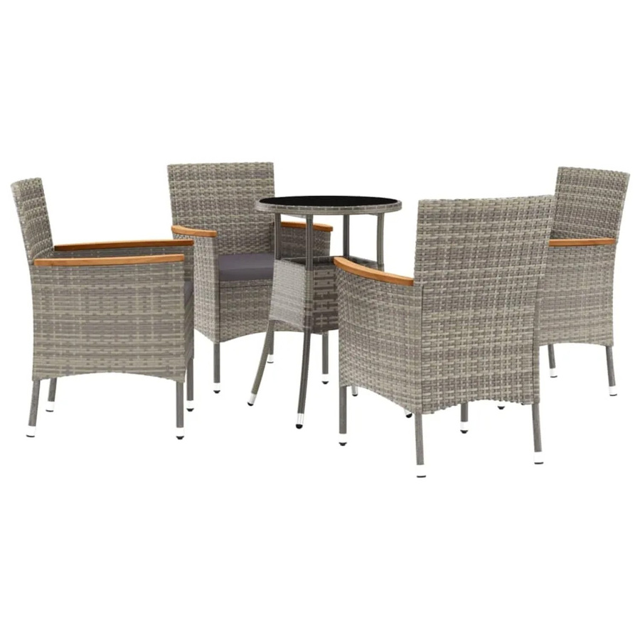vidaXL 5-tlg Garten-Bistro-Set aus Poly Rattan und Akazienholz in Grau mit Kissen und Hartglas-Tischplatte - Bild 2