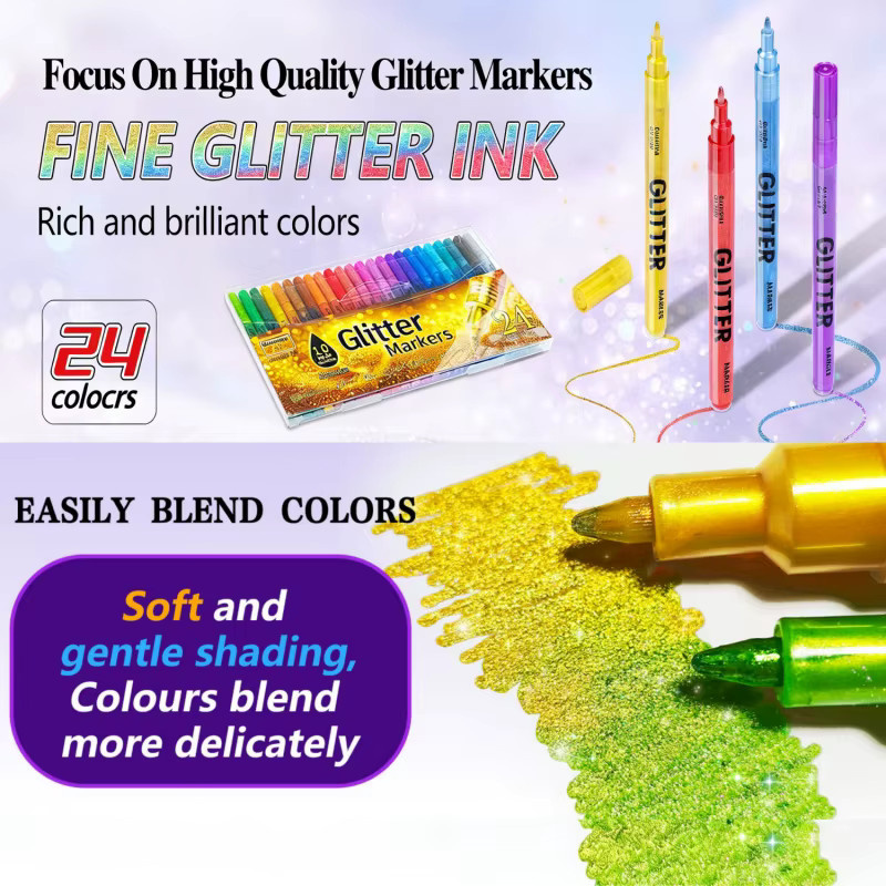 Kolorowys Glitzer-Marker-Set mit 24 Metallic-Schimmer-Acrylmarkern in Multicolour, wasserbasierte Tinte und feine Spitze (1 mm) - Bild 4