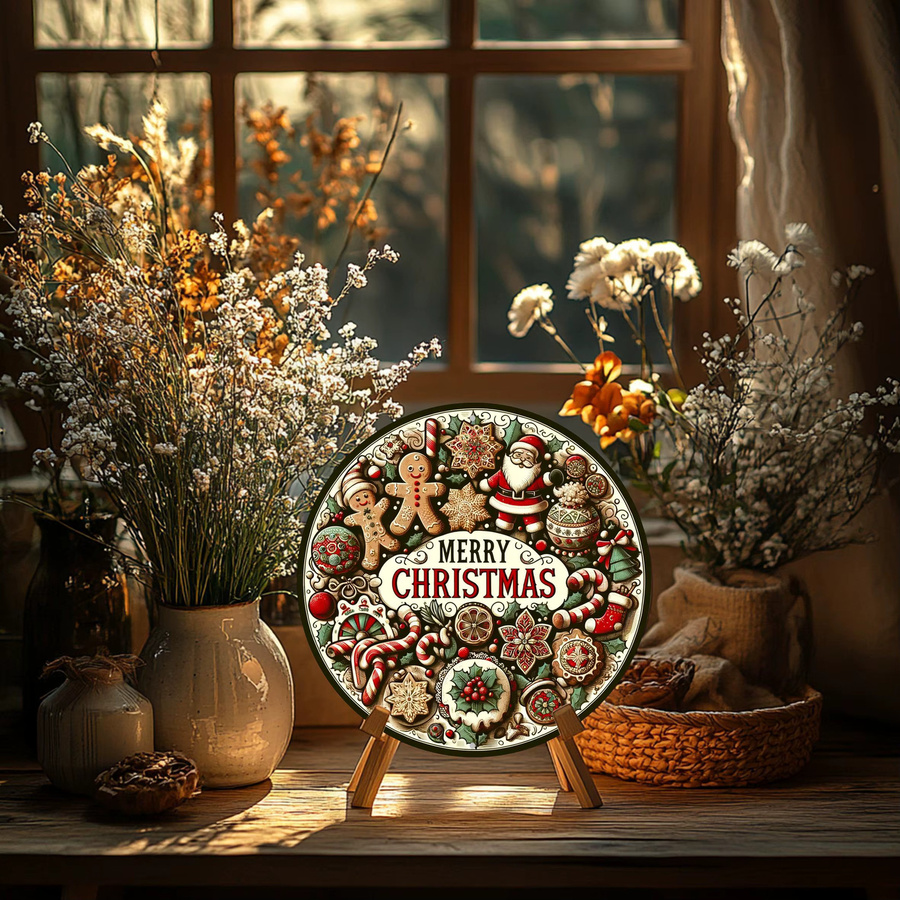 Potdemiel Vintage Wandschild Frohe Weihnachten runder Metall-Kranz mit Weihnachtsmann und Lebkuchen, Durchmesser: 20,32 cm, Mehrfarbig - Bild 5