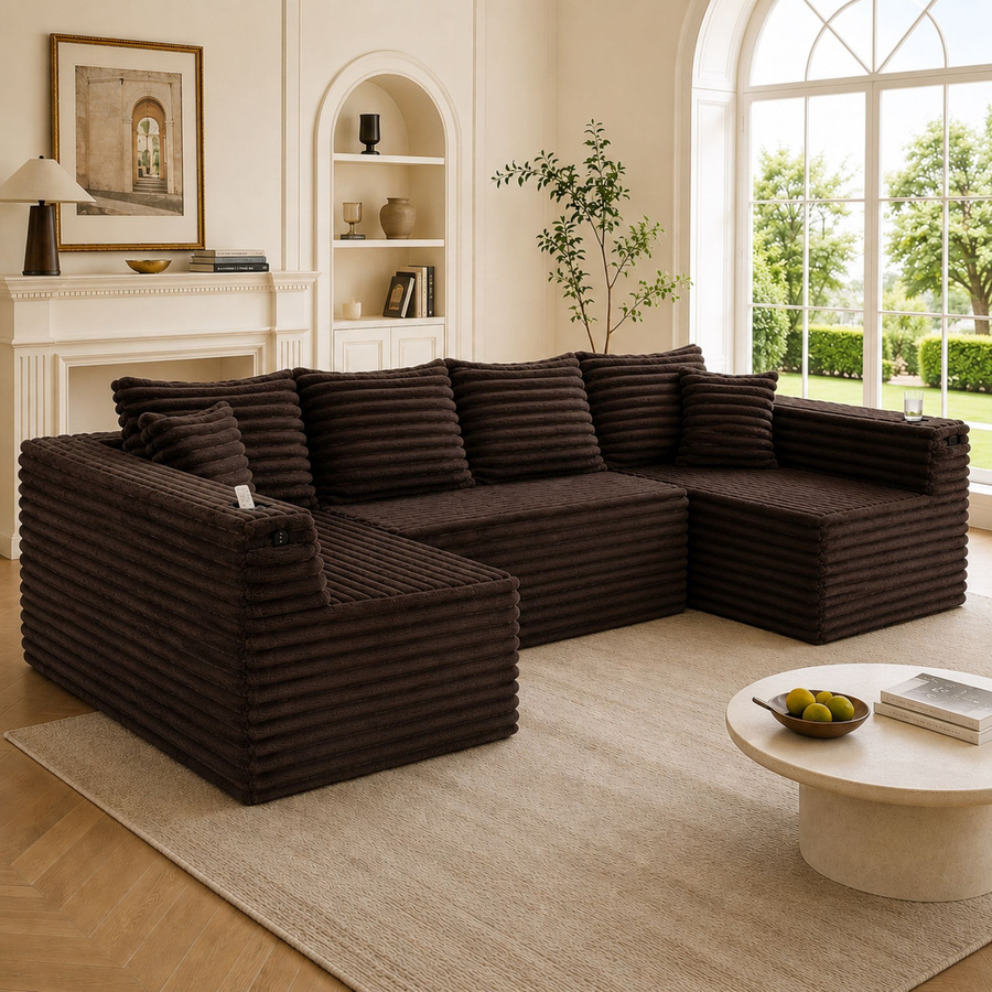 U-förmiges Cord-Sofa GOMYWAY Home in Braun mit integriertem Getränkehalter und Seitentasche, Federkernpolsterung, B: 320 cm, T: 155 cm, H: 88 cm - Bild 2