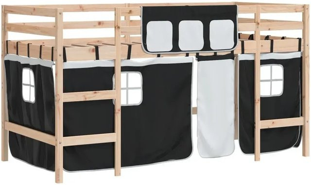 vidaXL Kinderhochbett aus Kiefernholz mit Vorhängen in Weiß und Schwarz, B/T/H: 90 x 190 x 113,5 cm - Bild 1