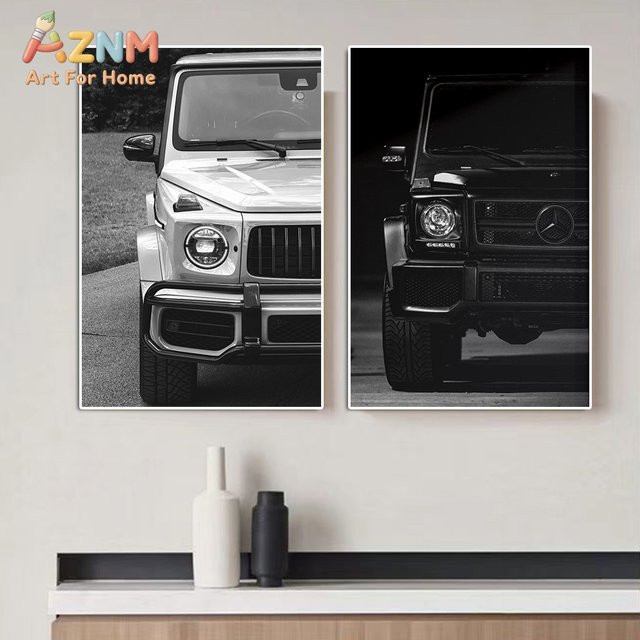 AZNM Mercedes-Benz G-Klasse Wandkunstdruck als minimalistisches Leinwandposter in Schwarz-Weiß - Bild 1