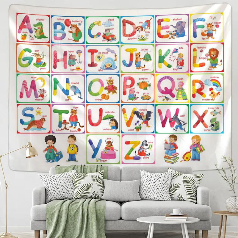 Super Six Cartoon Alphabet Wandteppich mit Tierprint in Boho-Stil, mehrfarbig, B/H: 95 x 70 cm - Bild 2