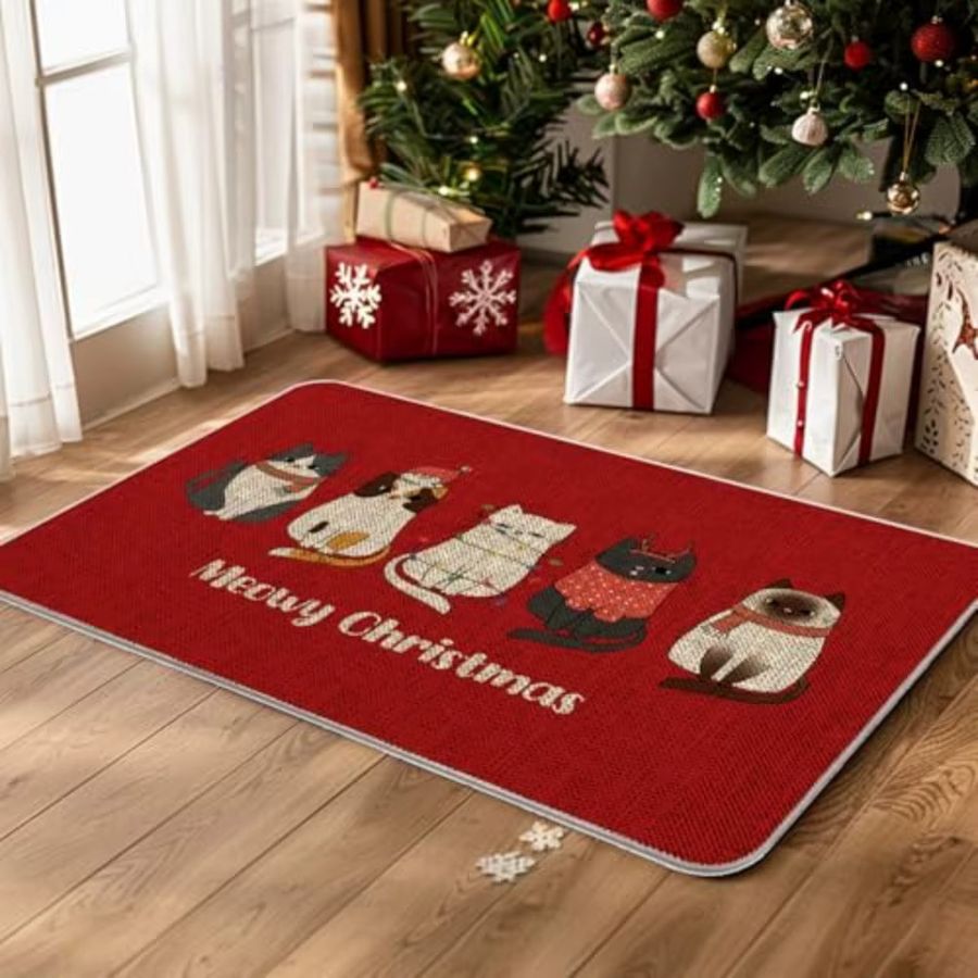 VIKAMA Rutschfeste Fußmatte mit Weihnachts-Cartoon-Katzen-Design in Rot für Eingangsbereich und Badezimmer - Bild 2