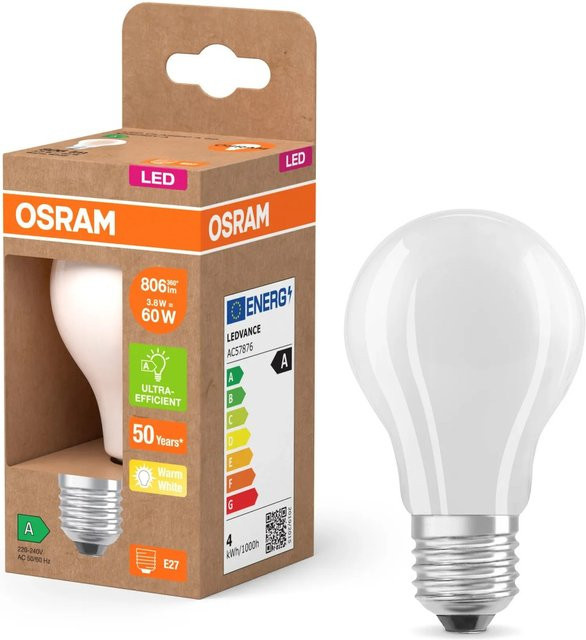 Osram LED Leuchtmittel E27 A60 Glühbirne Warmweiß 2700 K 806 lm 3,8 W Weiß - Bild 1