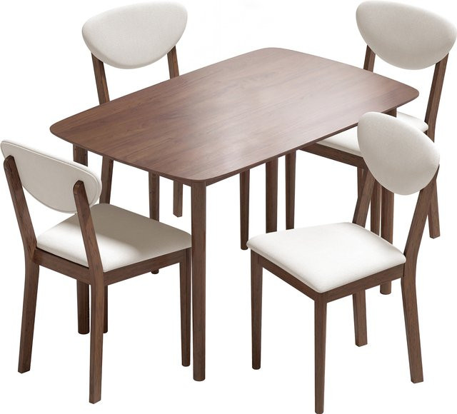 HOMCOM Esszimmerset mit Tisch und 4 Stühlen in Creme und Beige, Mid-Century Design mit Hevea-Holz-Füßen und gepolsterten Sitzflächen in Leinenoptik, rechteckiger Tisch mit Breite: 120 cm - Bild 1