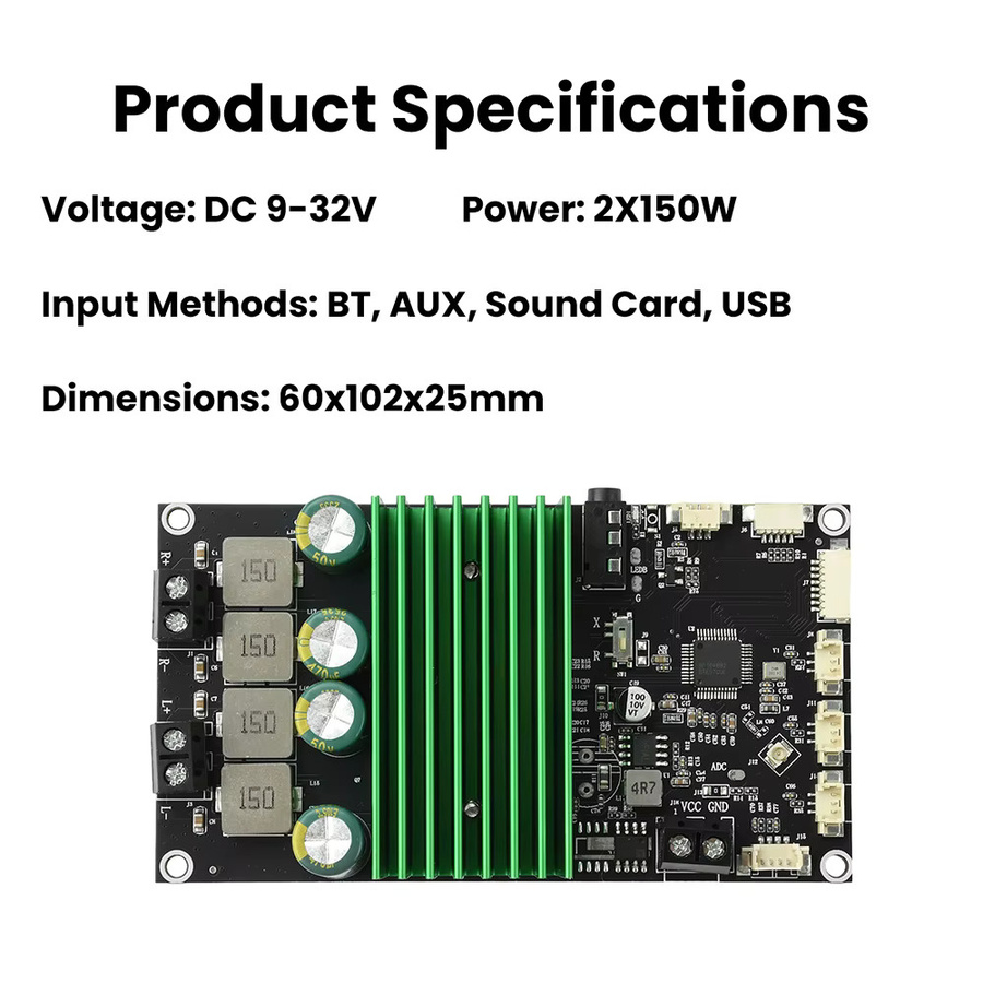 diymore Bluetooth-Verstärkerplatine mit EQ Bass-Verstärkung und App-Steuerung, Zweikanal Audio-Verstärkermodul 2x150W, DC 9-32V - Bild 2