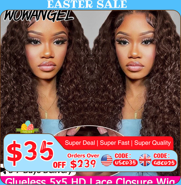 wowangel Wasserwellen-Perücke, 100 % Echthaar, 5x5 HD Lace Closure, Schokoladenbraun - Bild 1
