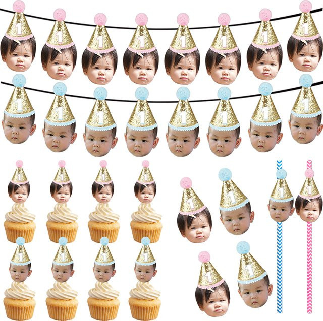 WEIGAO Personalisierte Geburtstagsparty Dekoration mit Foto für Kinder, Set aus Hut, Banner, Cupcake Topper, Aufklebern und Strohhalmen - Bild 1