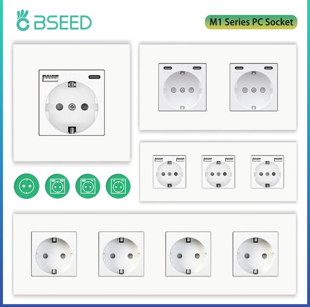 BSEED M1-Serie EU-Wandsteckdose mit USB-Typ-C-Anschluss und dreifachem Netzstecker, 16 A, mit Kinderschutz - Bild 1