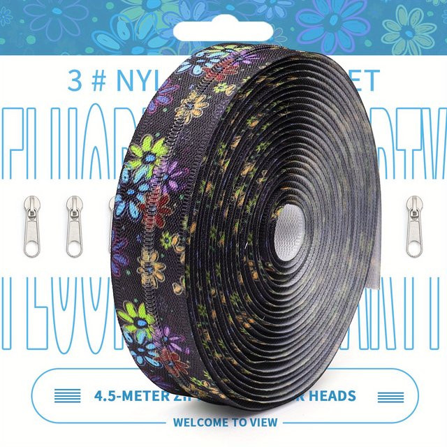 Changsons Reißverschlussset mit 4,5 Meter Reißverschluss, 10 Reißverschlussköpfen und farbigen Blumenelementen in Silber und Multicolour - Bild 1