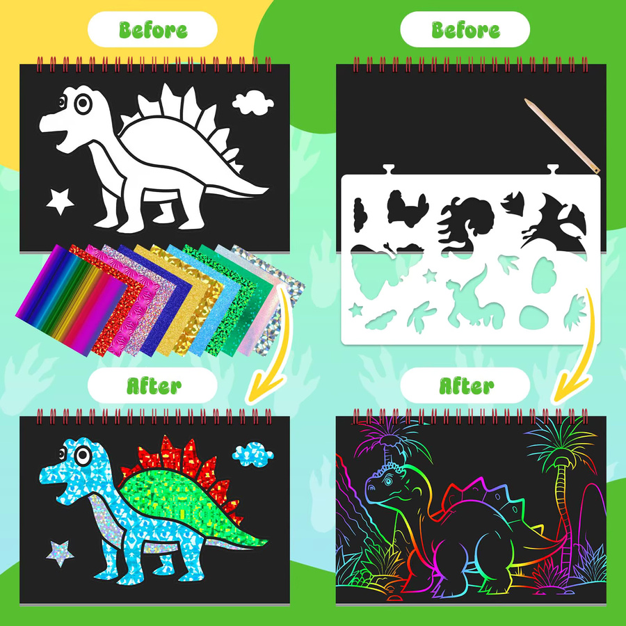 CutteeyFyry Dinosaurier-Folienaufkleber-Buch und Kratzkunstpapier, Malset, ab 3 Jahre - Bild 4