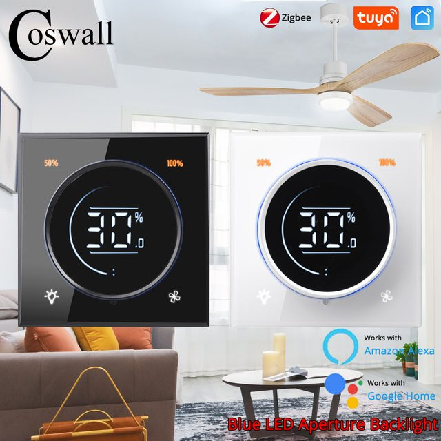 Coswall Smart Light Switch mit Drehregler für Deckenventilator und Lampe, Glasfront, Schwarz, Wifi/Zigbee mit Digital LCD, max. 300W, AC110-240V - Bild 1