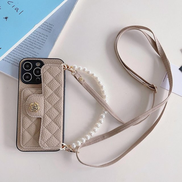 Yiran Bag Crossbody Handyhülle mit Perlenarmband und Kartenhalter aus Leder für iPhone 11 bis 16 Pro Max in Beige - Bild 1