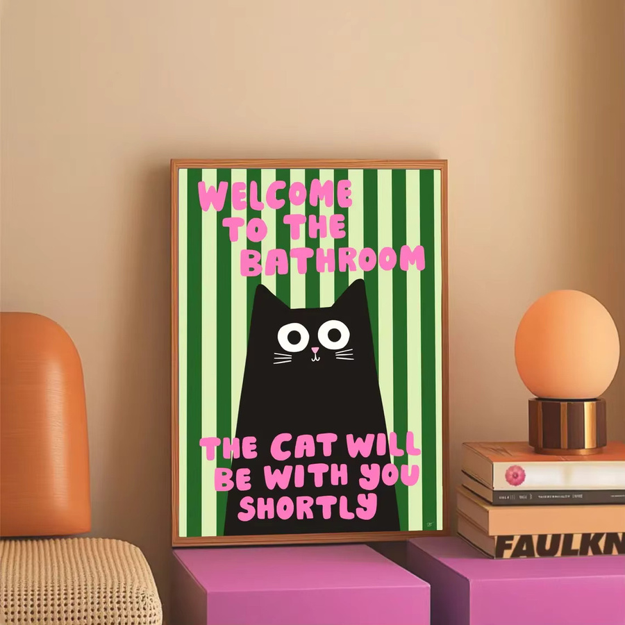 SHENCHEN Wandkunst Badezimmer Poster mit schwarzer Katze und Typografie in Schwarz, Rosa und Grün - Bild 3