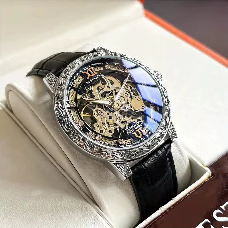 AOKULASIC Armbanduhr Automatik, Edelstahl, Roségold, Leder, Herren - Bild 1