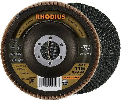Rhodius TOPline LSZ F EXTENDED Fächerschleifscheibe Körnung 60, Durchmesser: 115 mm, Bohrung: 22,23 mm, 10 Stück, Schwarz - Bild 1