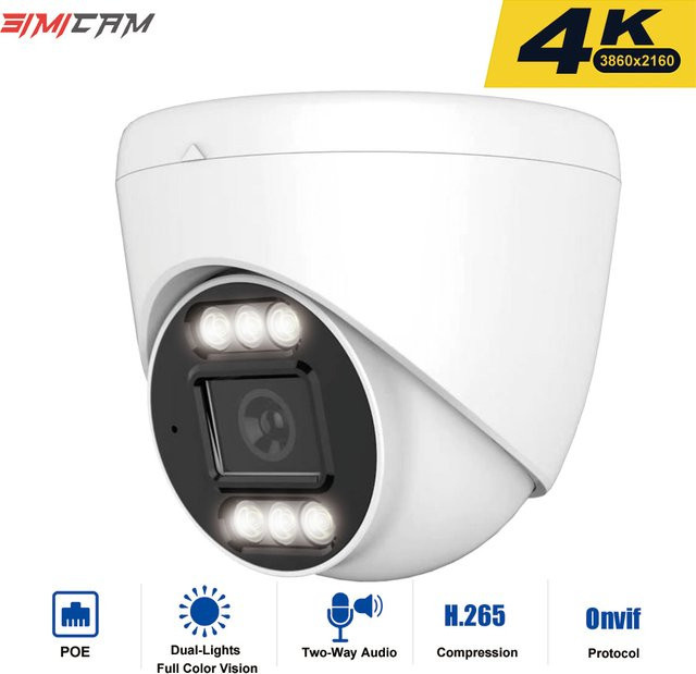 SIMICAM IP PoE Sicherheitskamera mit 4K 8MP Auflösung, Dual-Lampen-Nachtsicht, Zwei-Wege-Audio und Onvif in Weiß - Bild 1