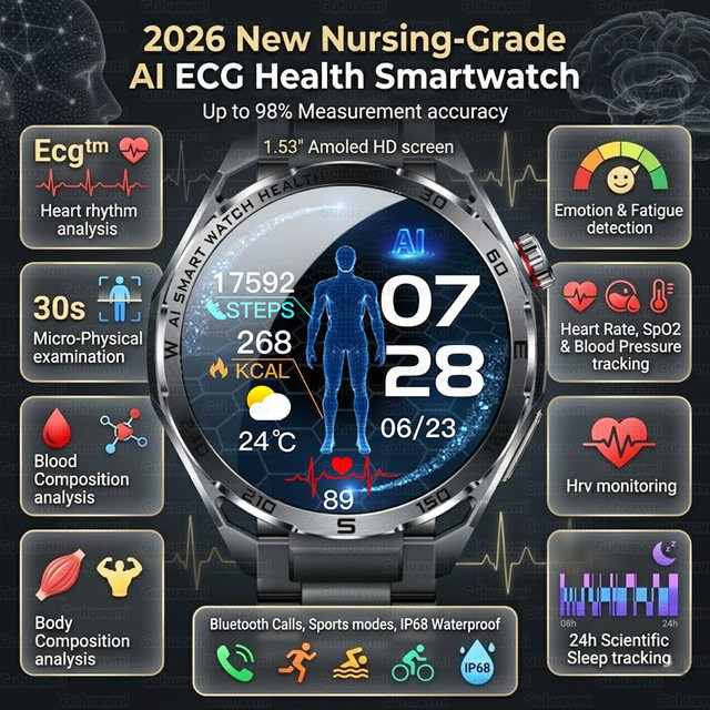GUHUAVMI KI-Smartwatch mit EKG-Funktion, Saphirglas und Bluetooth-Anruffunktion in Rot - Bild 1