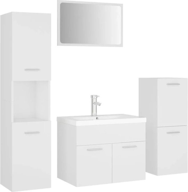 vidaXL Badmöbel-Set Weiß aus Holzwerkstoff und Acryl bestehend aus Waschbeckenunterschrank, Hochschrank, Midischrank, Spiegel und Einbaubecken mit Wasserhahn - Bild 1