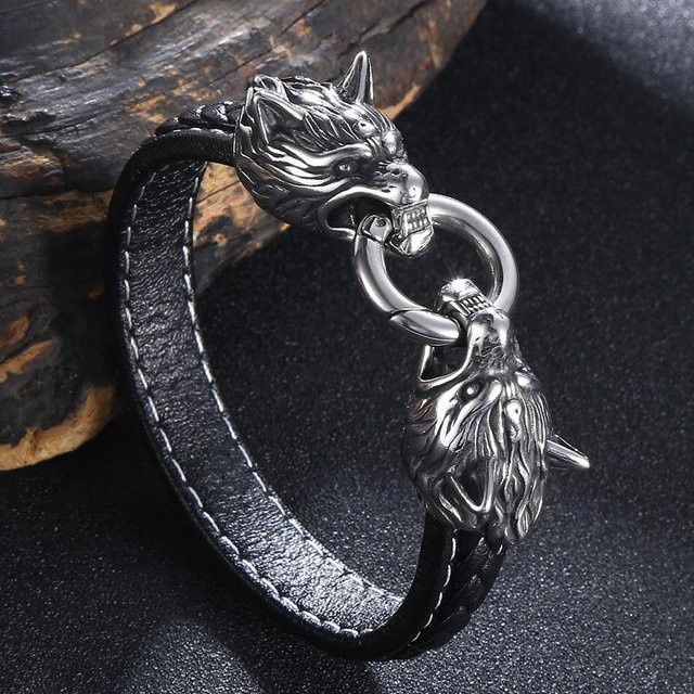 YULIN Lederarmband, Doppelter Wolfskopf, 316L Edelstahl, Schwarz, Herren - Bild 1
