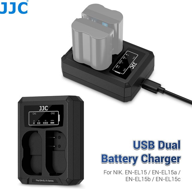 JJC Dual-Akkuladegerät mit USB-C für Nikon EN-EL15 EN-EL15a EN-EL15b EN-EL15c, Schwarz - Bild 1