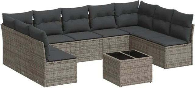 vidaXL 10-tlg. Garten-Sofagarnitur in Grau aus Poly Rattan mit Sitzkissen und Tisch - Bild 1