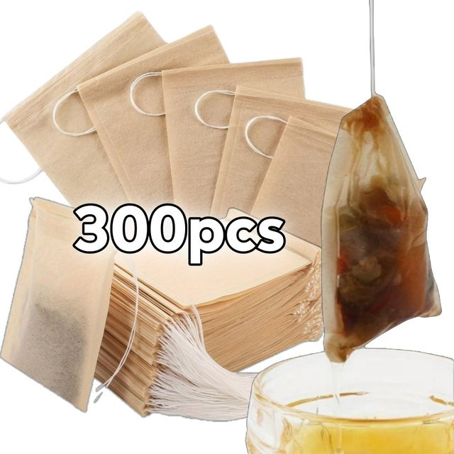 300 Stück biologisch abbaubare Filterpapiertüten mit Kordelzug in Beige für Kaffee und Tee als Einweg-Teebeutel-Set - Bild 1