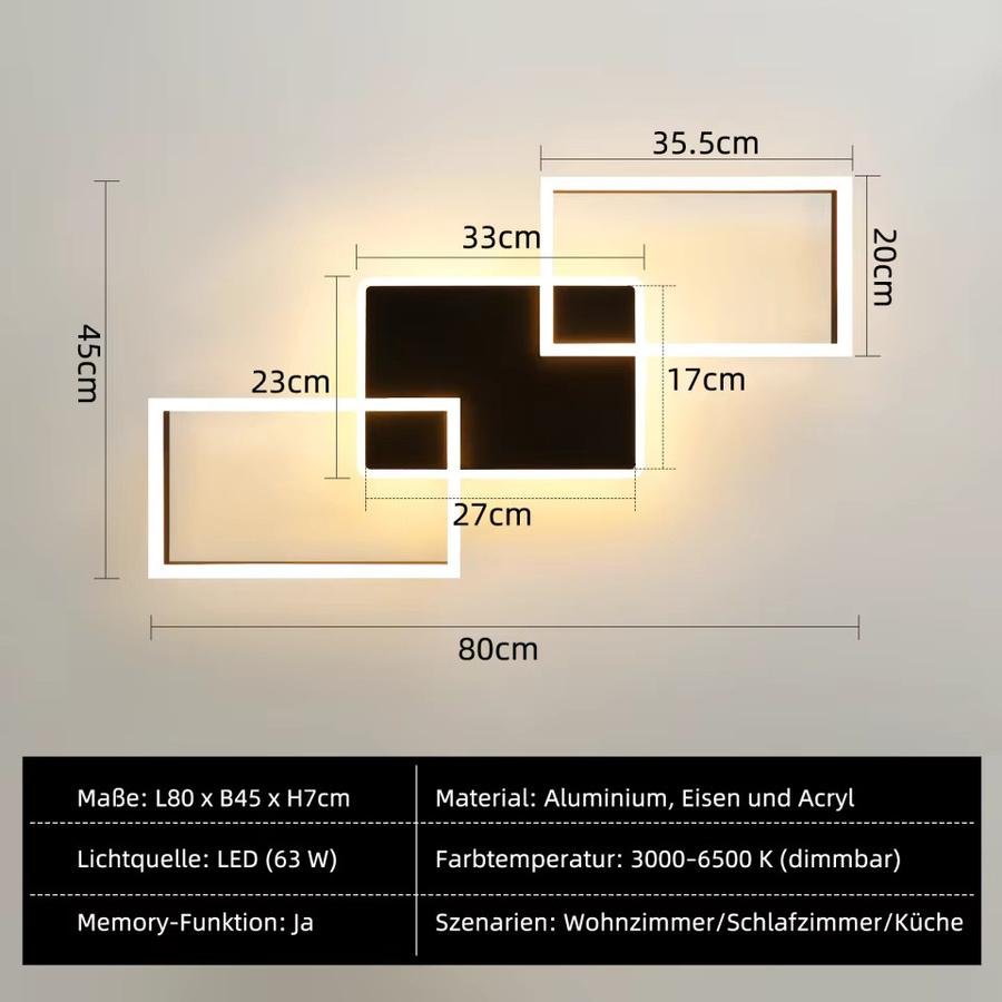 NETTLIFE Moderne LED Deckenleuchte Schwarz mit 3 verschränkten Rahmen, dimmbar, Fernbedienung und Timer - Bild 4