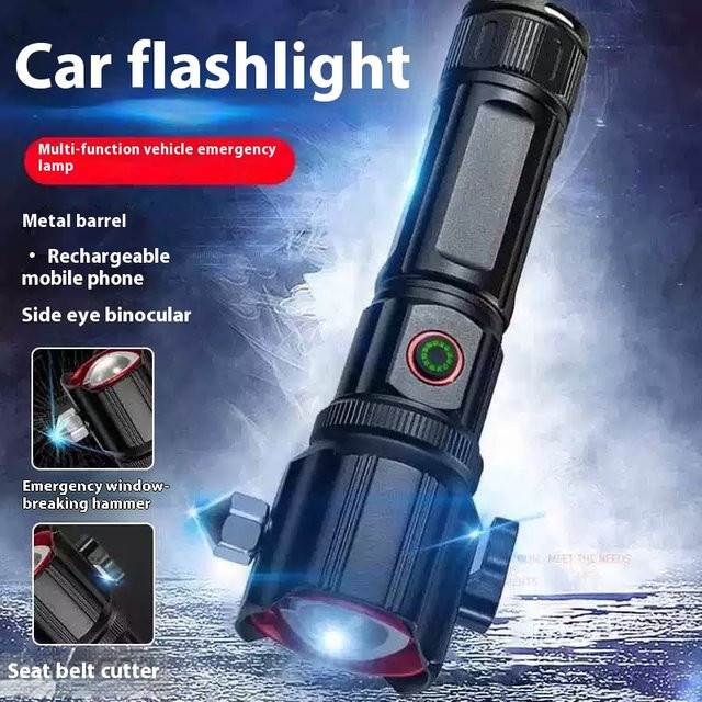 ESMARTER Laser-Taschenlampe in Schwarz mit Zoomfunktion, Fensterhammer und 5 Beleuchtungsmodi, wasserdicht und wiederaufladbar - Bild 1