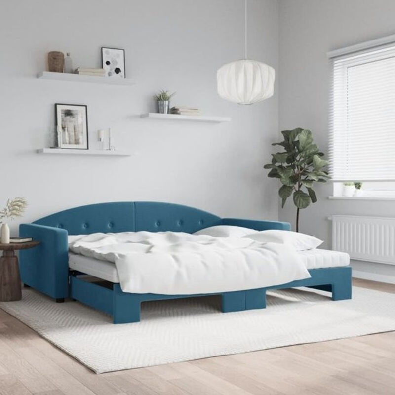 Ausziehbares Funktionsbett Vidaxl in Blau mit Matratze aus Samt und Metall im modernen Design B/T: 100 x 200 cm - Bild 1