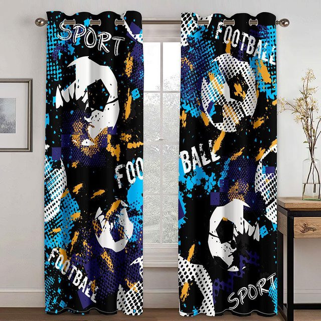 Yiran Furniture Sportvorhänge Fußball mit Flammen und Wasser Design, 2er-Set, Mehrfarbig, Polyester, B: 60 cm, H: 50 cm - Bild 1