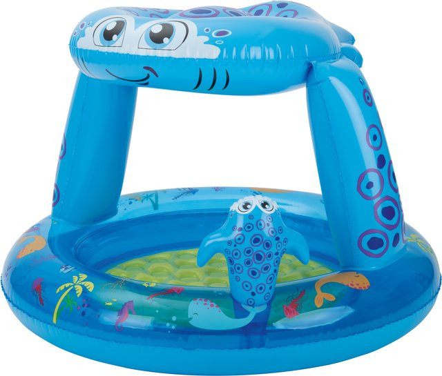 LUPILU Kleinkinderplanschbecken mit Wassersprinkler Rochen Design in Blau Gelb Rot - Bild 1
