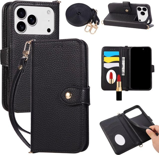 Beige Flip-Lederhülle für Apple iPhone mit Spiegel, Geldbörse und Kartenhalter als Crossbody-Telefonhülle - Bild 1
