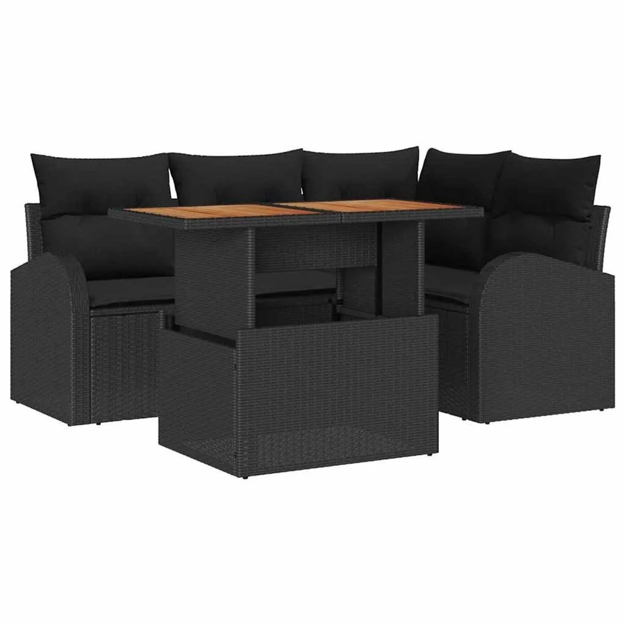vidaXL Garten-Sofa-Set 5-teilig aus Poly-Rattan und Akazienholz in Schwarz mit Kissen - Bild 2