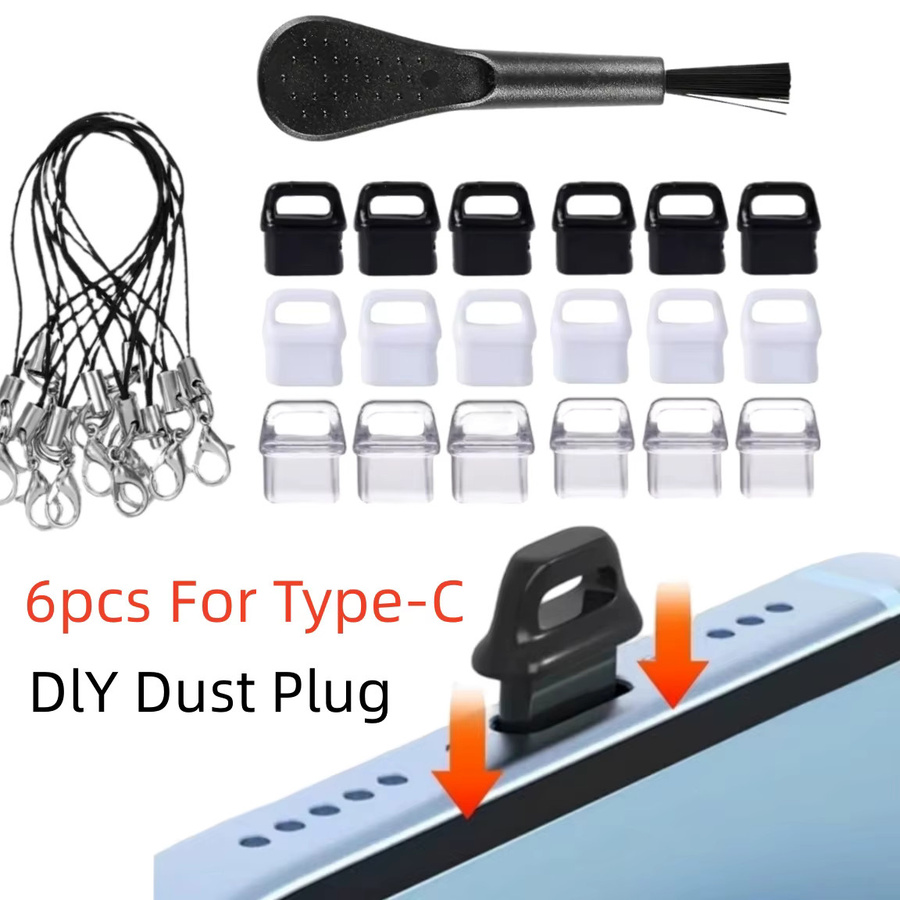 6er Set staubdichte USB-C Stecker Abdeckungen in Schwarz und Weiß inklusive Reinigungsbürste und Lanyards zur Pflege von Mobiltelefonen und Computern - Bild 6