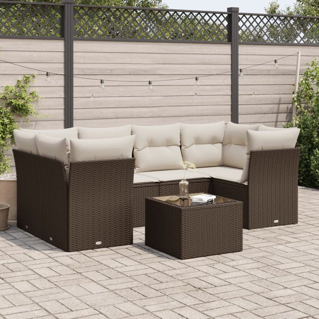vidaXL 7-teilige Garten-Sofagarnitur in U-Form aus Polyrattan mit Kissen in Braun - Bild 3