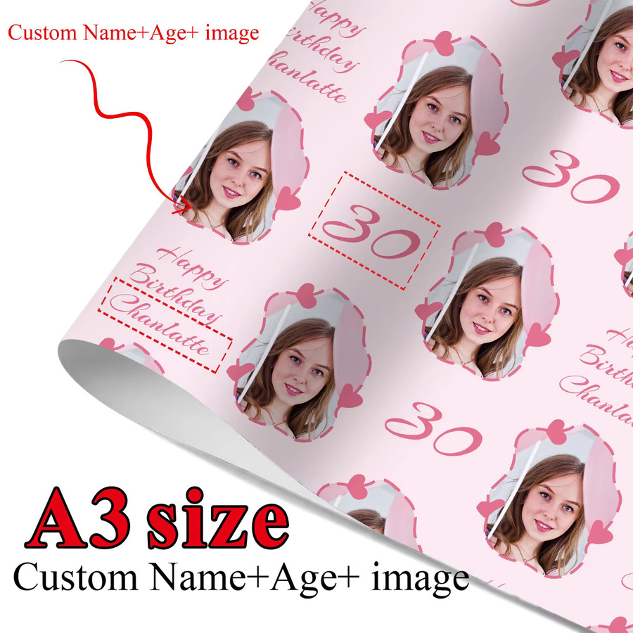 Personalisiertes Geburtstags-Geschenkpapier mit Name, Alter und Foto in Rosa und Blau, 3 Blatt für deine DIY-Partydekoration - Bild 2