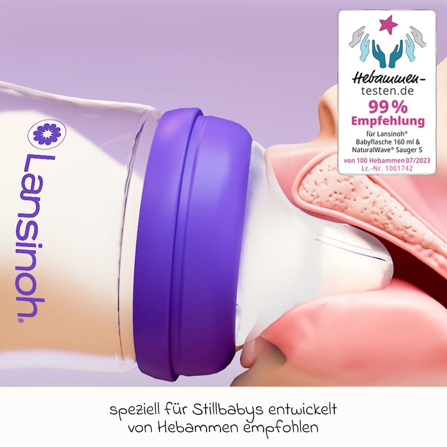 Lansinoh 9-tlg. PP-Flaschen-Set mit NaturalWave Trinksauger Gr. S & M und 3 Spucktüchern, Transparent/Lila, mit Anti-Colic-Ventil und Flaschen mit breitem Flaschenhals - Bild 2