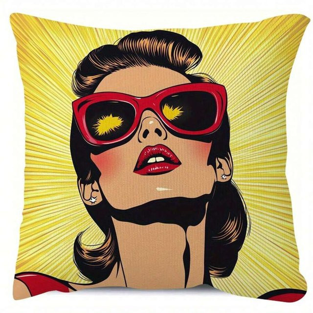 Pop Art Kissenbezug JMG Clothing Retro Mädchen mit Sonnenbrille in Gelb, B/B: 55 x 55 cm - Bild 1