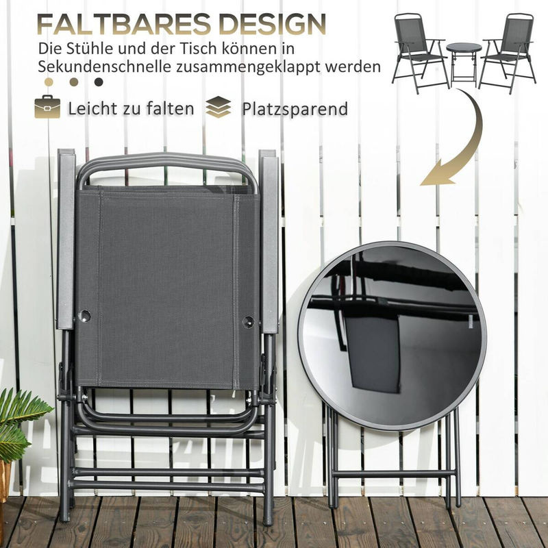 Outsunny 3-teiliges Bistro-Set aus Metall mit Glastisch und klappbaren Gartenstühlen, wetterfest, Dunkelgrau - Bild 3