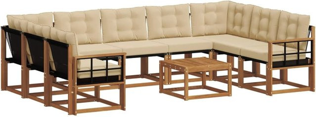 vidaXL Outdoor-Sofagarnitur aus Massivholz Akazie in Natur und Beige, 30-teiliges U-Shape Set mit Polstern und Textilene-Stoff - Bild 1