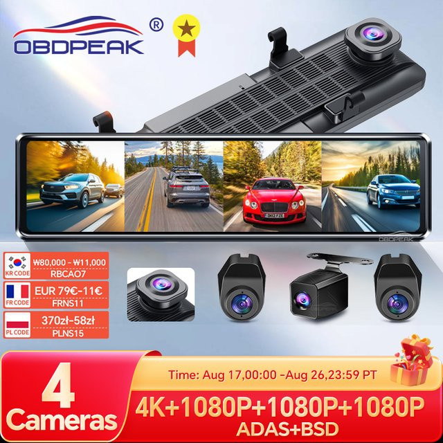 OBDPEAK A8 4CH Dashcam Rückspiegelkamera mit 11,26 Zoll Display, 4K UHD, WLAN, 4 Kameras, ADAS, BSD und 24H Parküberwachung, Schwarz - Bild 1