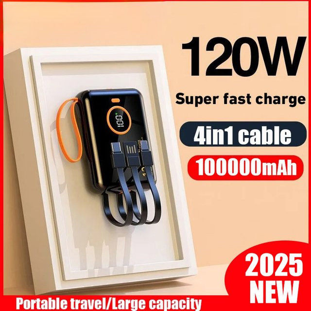 Tragbare Powerbank mit 30000 mAh Kapazität und 120W Schnellladefunktion inklusive integriertem Kabel für iPhone und Samsung, erhältlich in Schwarz oder Weiß - Bild 1