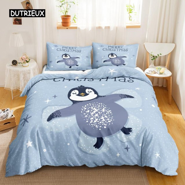 Binchi Outdoor Product Pinguin-Bettbezug Set mit Kissenbezügen in Blau für Kinder, Cartoon-Stil mit Antarktis-Tieren, B/H: 155 x 215 cm - Bild 1