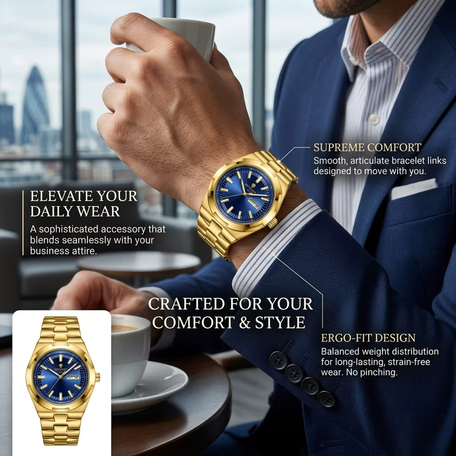 BINBOND Armbanduhr, Quarz, Edelstahl, Gold, blaues Zifferblatt, Herren - Bild 4