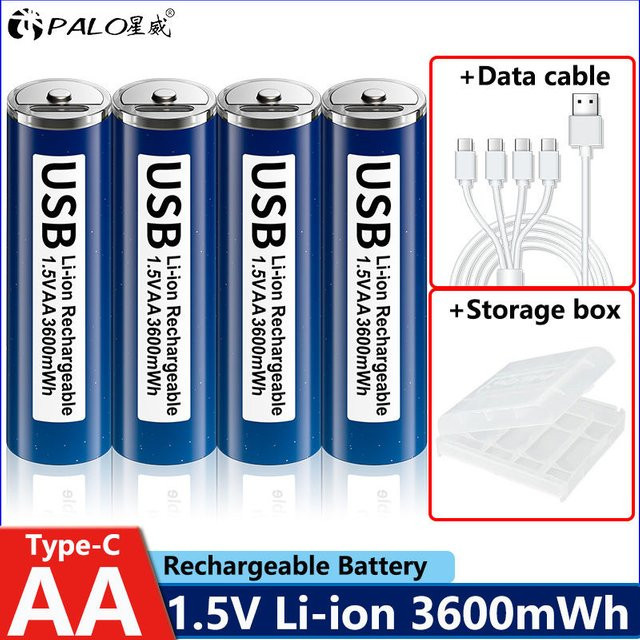 PALO USB-C wiederaufladbare Li-Ionen AA Batterien 1.5V 3600mWh in Blau inklusive Typ-C Kabel und Batteriefach - Bild 1