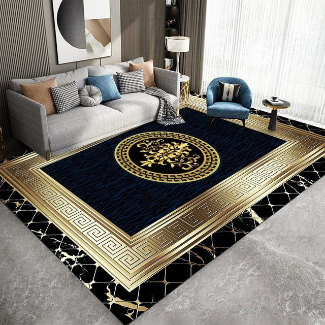 Moderner abstrakter Teppich von Karpetti in Gold und Blau, weiche Bodenmatte für Wohnzimmer, Schlafzimmer oder Home Office, B/T: 120 x 80 cm - Bild 1