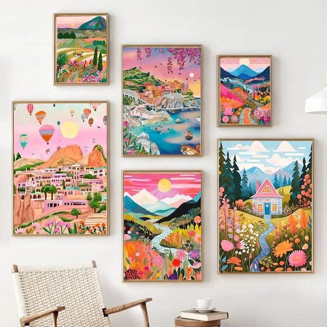 Potdemiel Retro Poster Bergsee und Blumen Naturlandschaft Wanddekoration Multicolor - Bild 1
